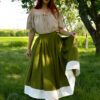 Beige linen chemise blouse with short sleeves and linen gathered moss green skirt