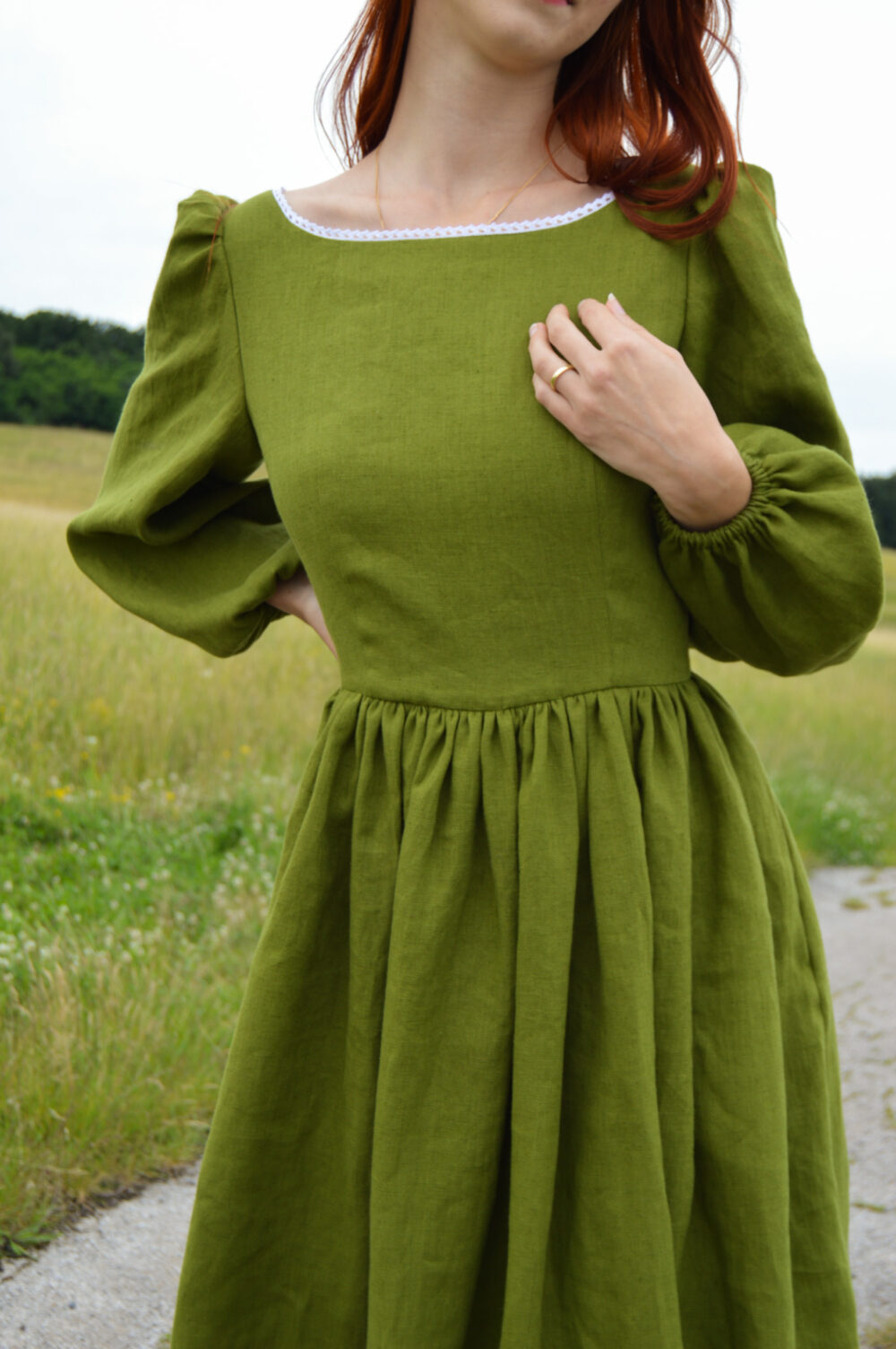 Women's linen dress Emma with long sleeves in Moss Green color