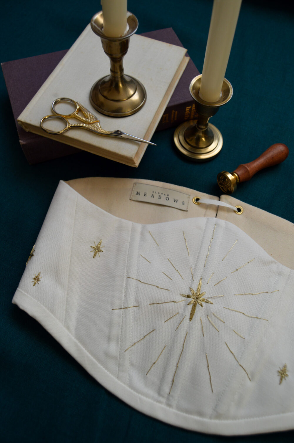 Handmade embroidered underbust corset stars in ivory color