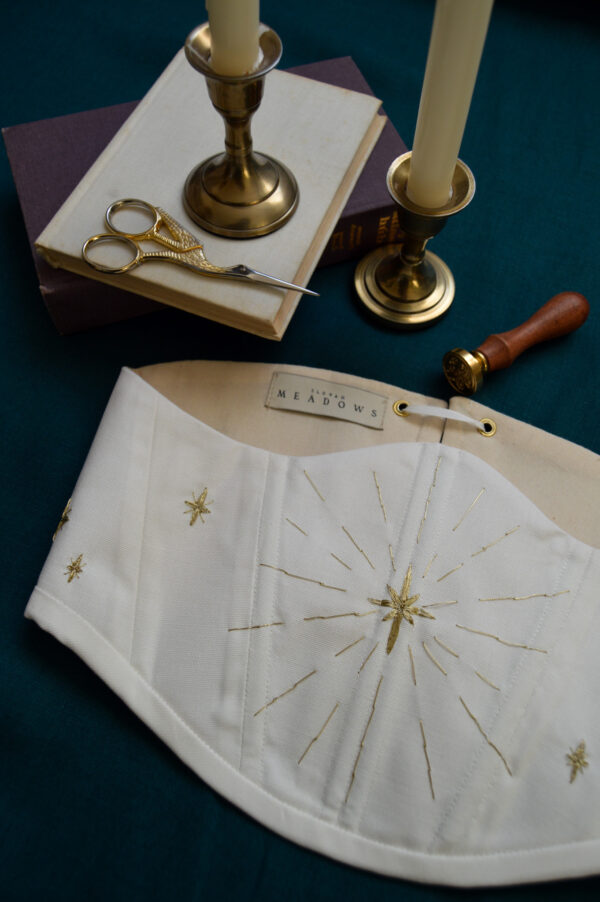 Handmade embroidered underbust corset stars in ivory color