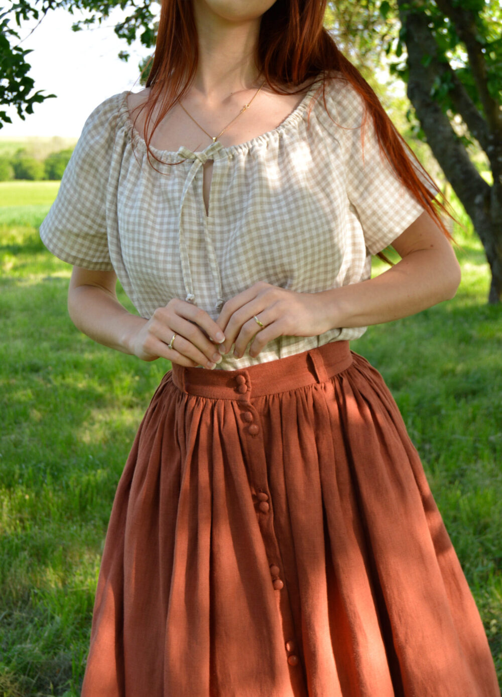 Linen chemise blouse with short sleeves in beige color, Violet linen skirt with buttons in terracotta/orange color