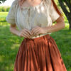 Linen chemise blouse with short sleeves in beige color, Violet linen skirt with buttons in terracotta/orange color