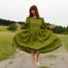 Women's linen dress Emma with long sleeves in Moss Green color