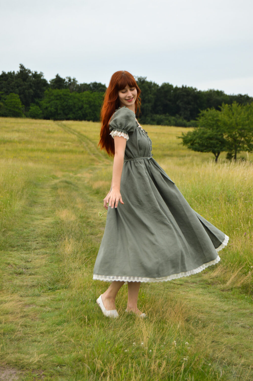 Melody dress SlovakMeadows in Sage Green color, wrap dress with delicate lace detail