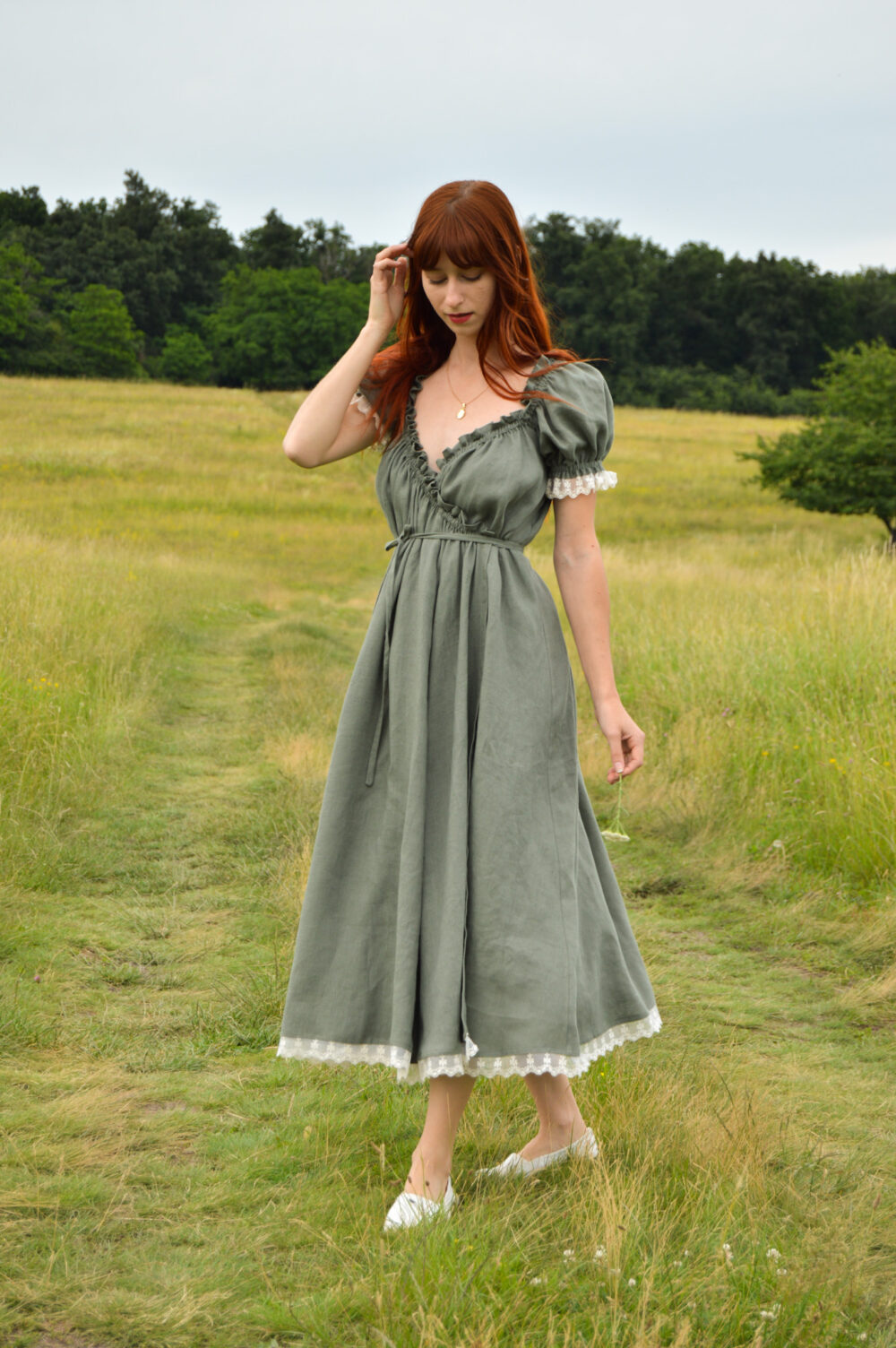 Melody dress SlovakMeadows in Sage Green color, wrap dress with delicate lace detail