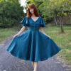 Women's linen dress Charlotte in petrol color, with a V-neckline, buttons and butterfly sleeves Women's linen dress Charlotte in petrol color, with a V-neckline, buttons and butterfly sleeves