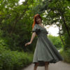 Women's linen dress Charlotte in sage green color, with a V-neckline, buttons and butterfly sleeves Women's linen dress Charlotte in sage green color, with a V-neckline, buttons and butterfly sleeves