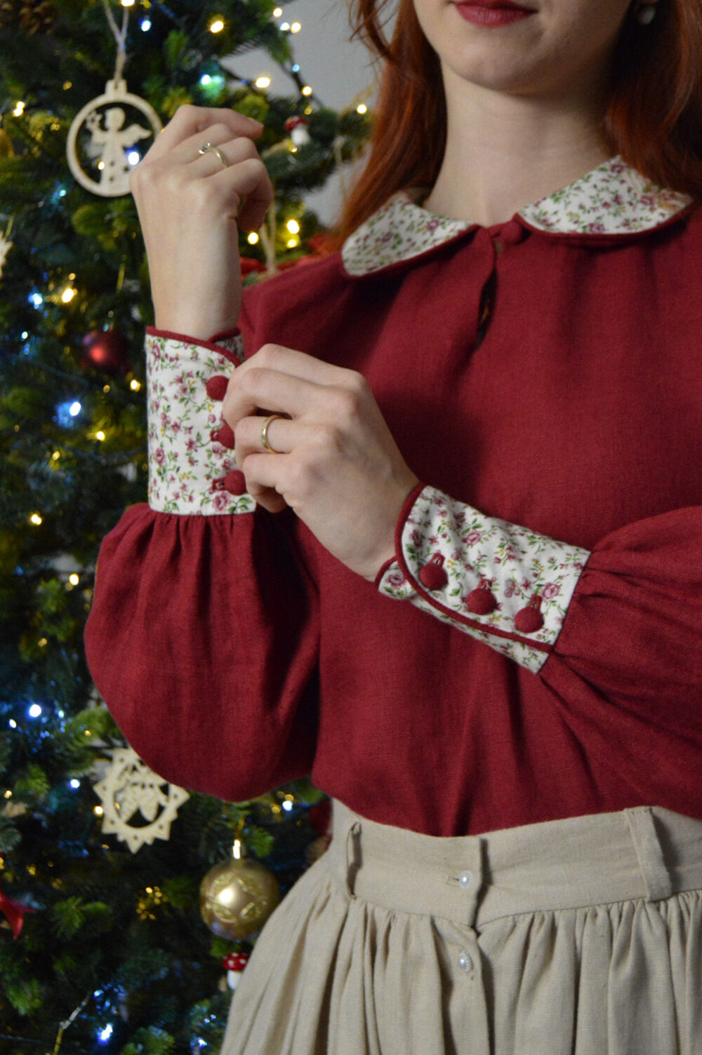 beautiful burgundy linen blouse wtih floral details and buttons