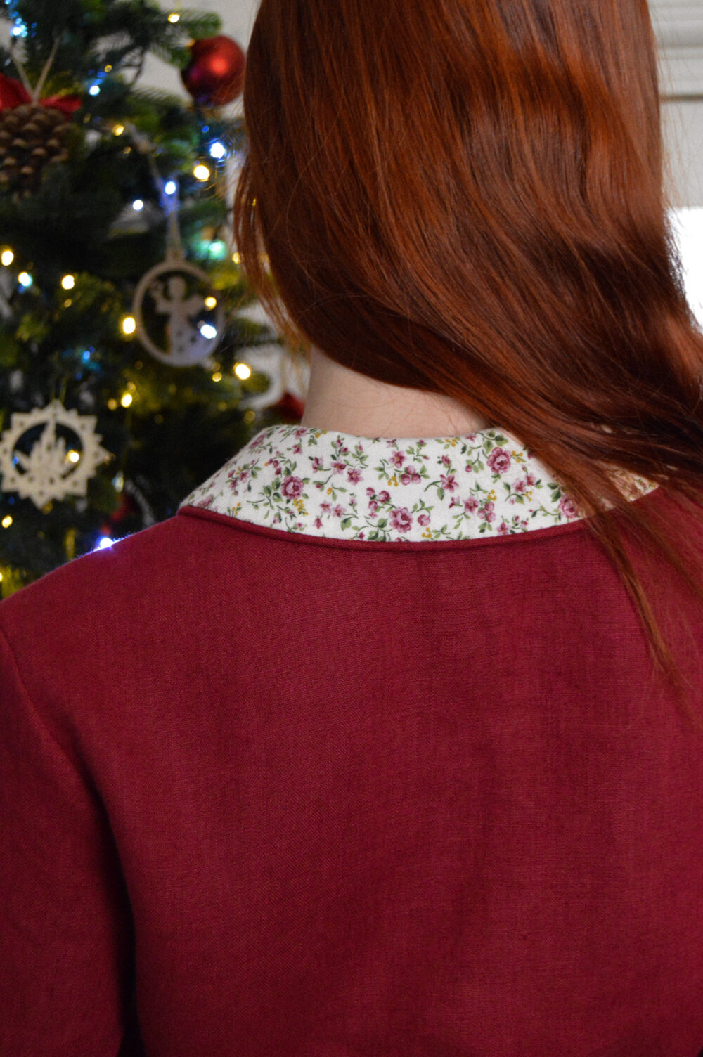 beautiful burgundy linen blouse wtih floral details
