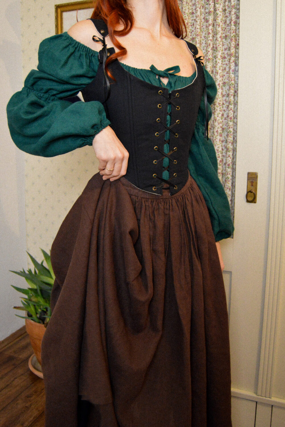 Handmade linen blouse with long sleeves, linen gathered brown skirt with pockets, Black corset