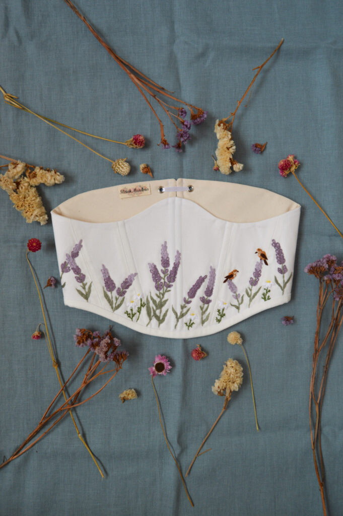 Handmade embroidered ivory/white underbust corset with custom embroidery