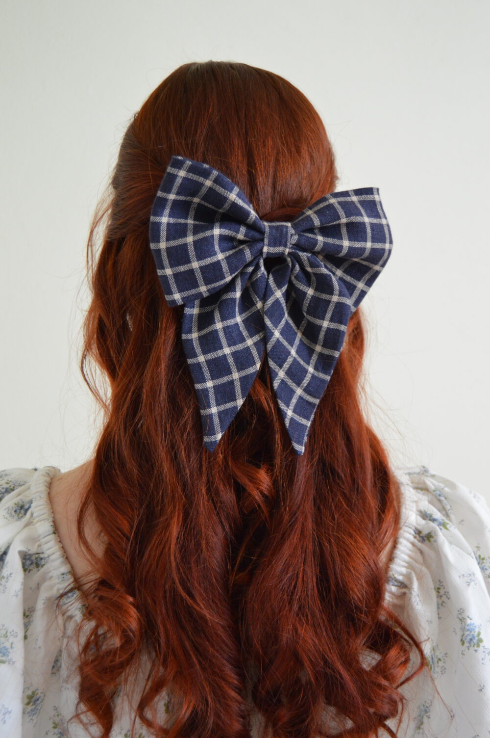 Blue gingham Linen Hair Bow