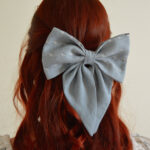 Powder Blue Linen Hair Bow with Flowers