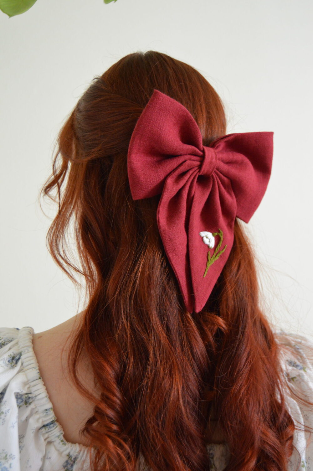 DSC_0796 Hand Embroidered Hair Bow Snowdrop