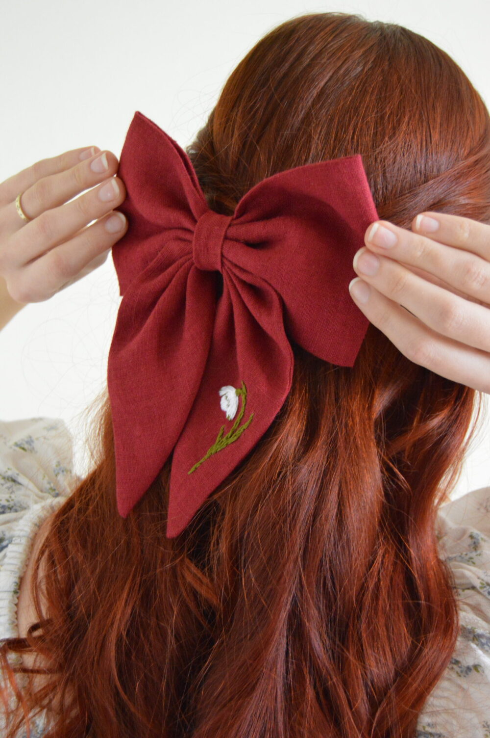 DSC_0798 Hand Embroidered Hair Bow Snowdrop