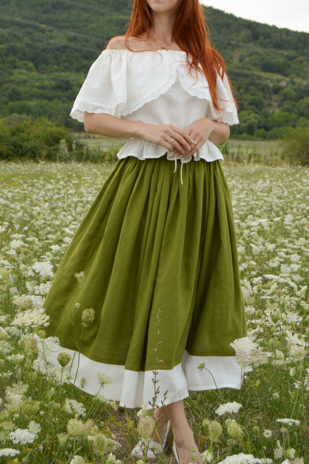 Magnolia top linen and hope skirt slovakmeadows Off-shoulder linen top with a romantic flounce, delicate lace trim, and an adjustable waist tie.