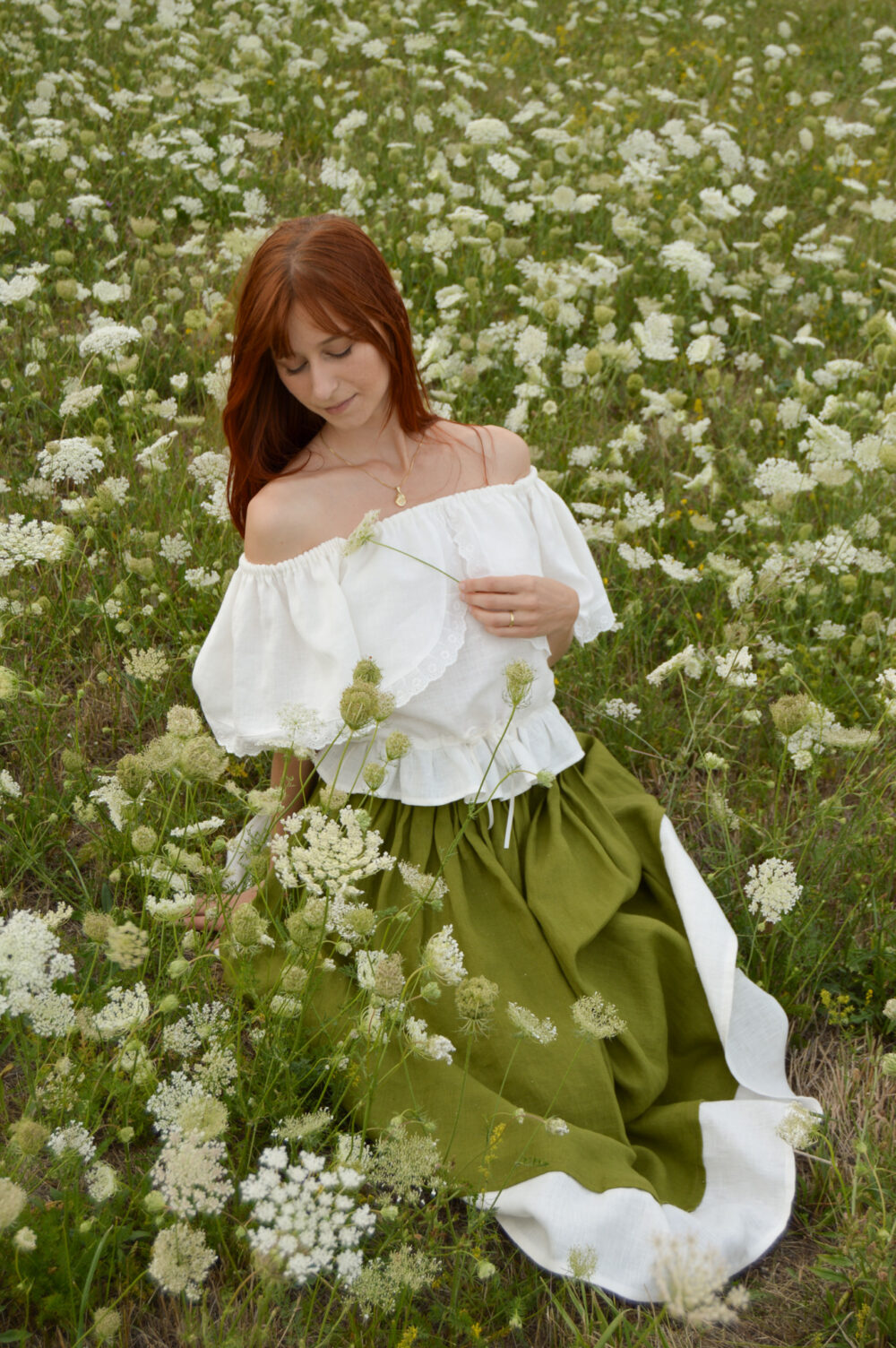 Magnolia linen top and gope skirt slovakmeadows Off-shoulder linen top with a romantic flounce, delicate lace trim, and an adjustable waist tie.
