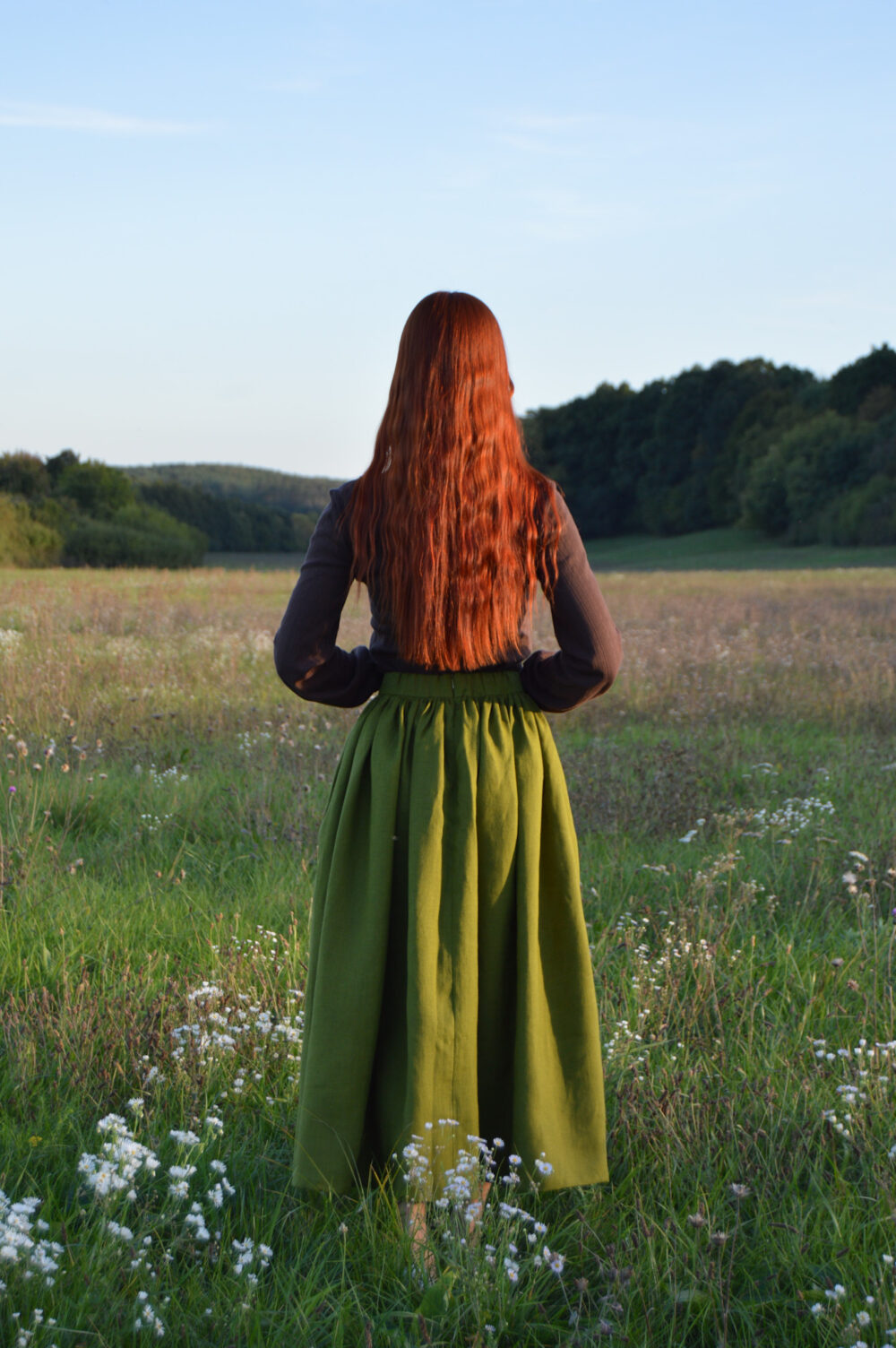 DSC_0030 Belle Skirt With Elastic Waistband In Moss Green Linen Size: M,XL