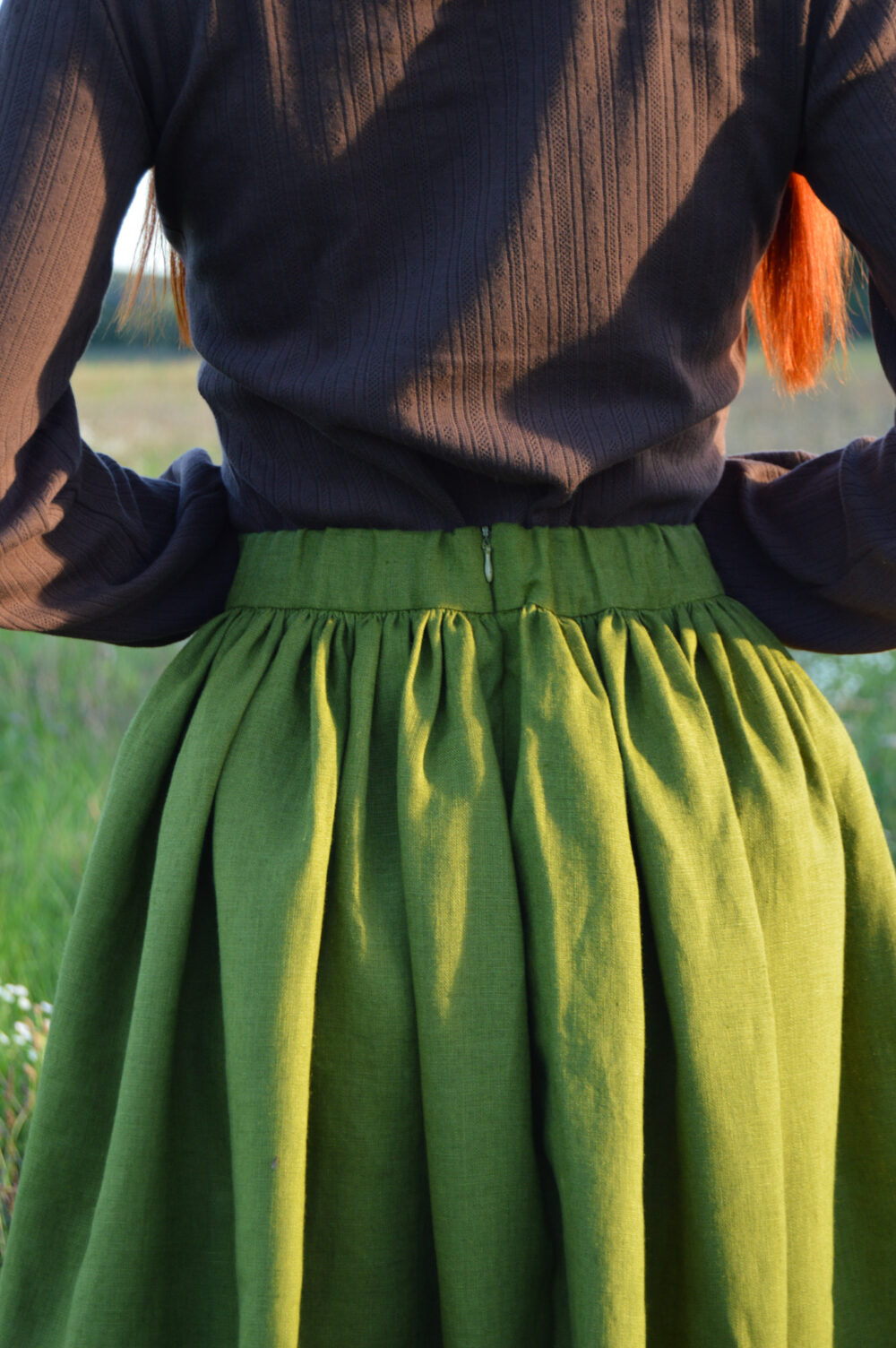 DSC_0031 Belle Skirt With Elastic Waistband In Moss Green Linen Size: M,XL
