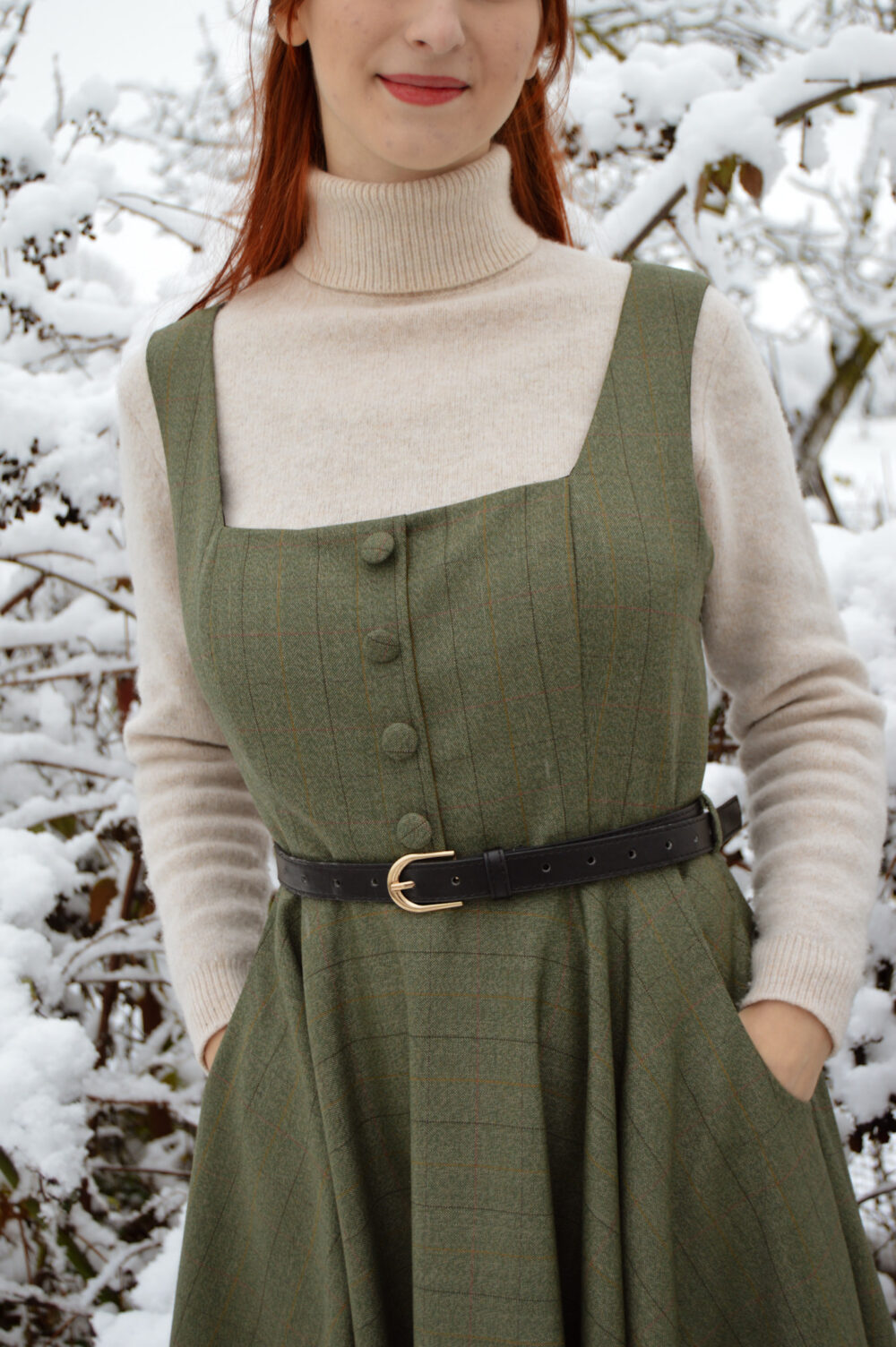 Wool Pinafore dress in Green Plaid Size: XXL